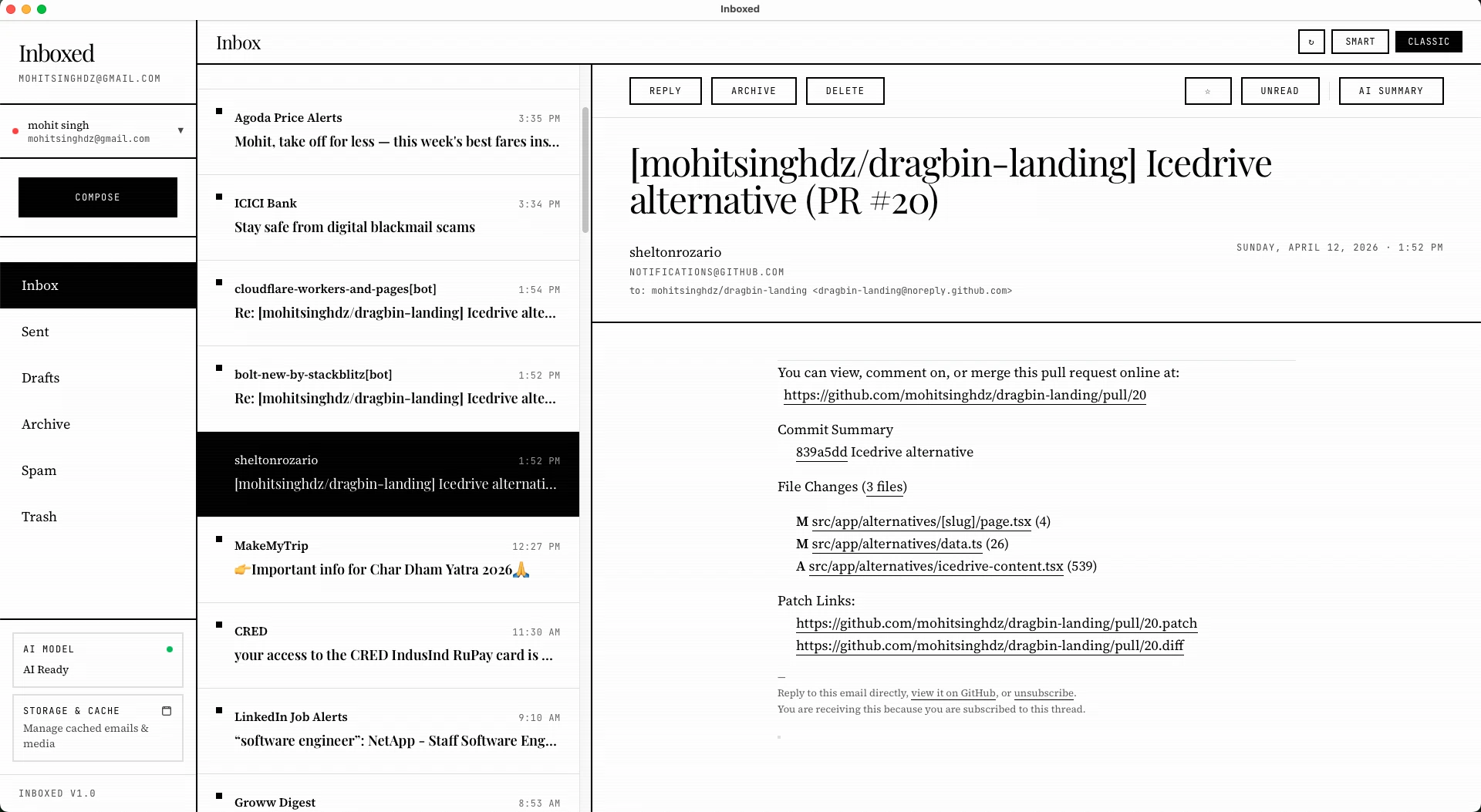 Inboxed app screenshot showing the smart inbox with AI-powered email summaries